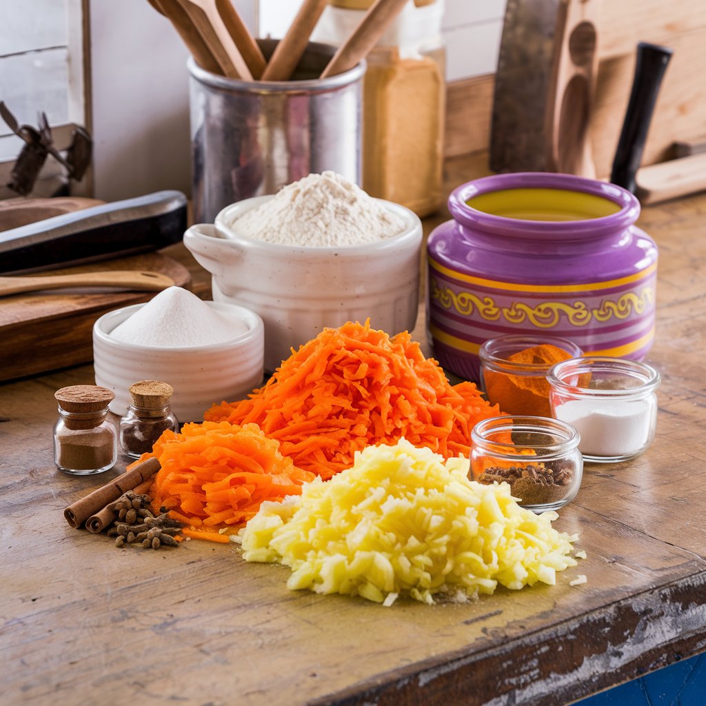 All the ingredients needed to make a carrot cake, including flour, sugar, eggs, grated carrots, pineapple, and spices, arranged neatly on a kitchen counter