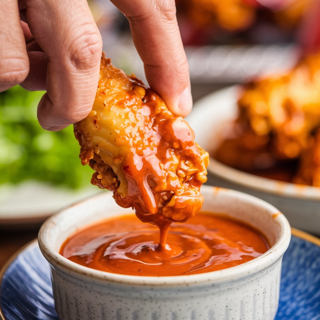 A hand dipping crispy chicken wings into buffalo sauce, adding extra flavor.