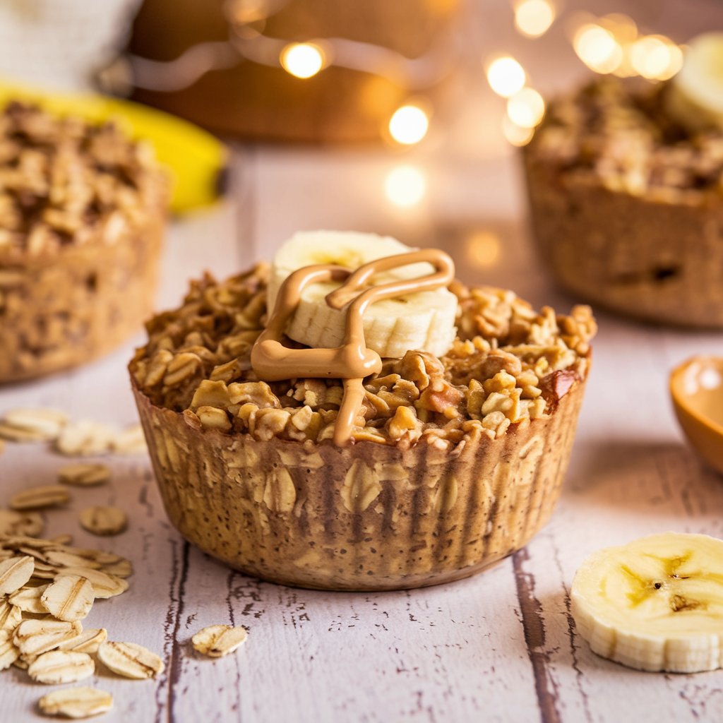 Close-up of a warm Peanut Butter Banana oatmeal cup, topped with banana slices and peanut butter drizzle, surrounded by rolled oats and fresh bananas.