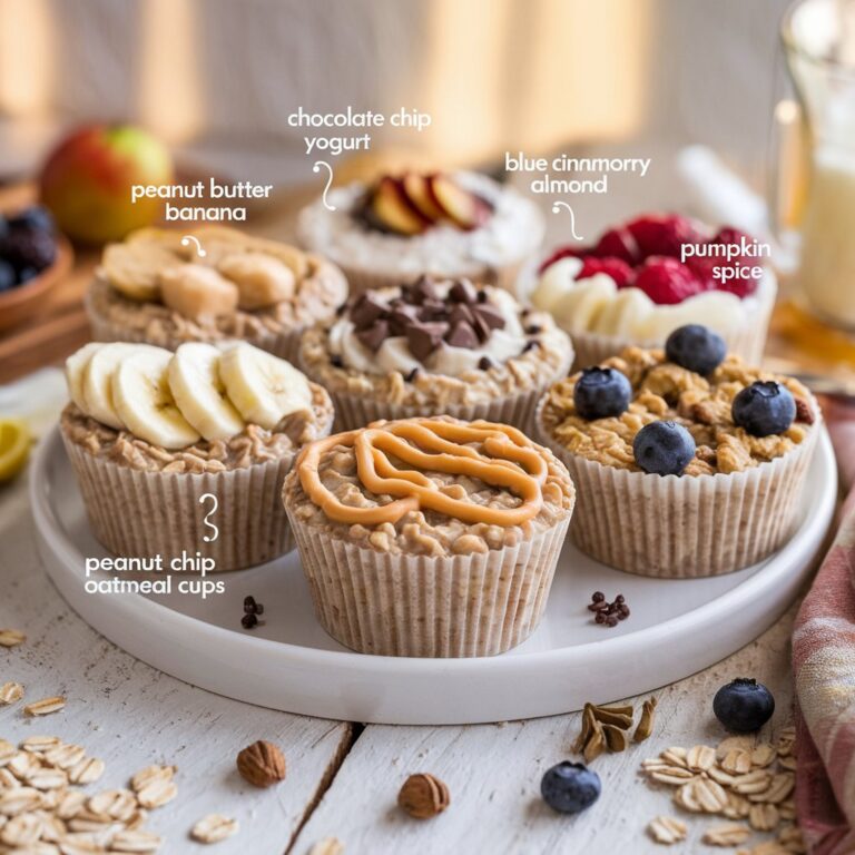 A close-up shot of five oatmeal cups, each showcasing a different flavor: Peanut Butter Banana, Chocolate Chip Yogurt, Apple Cinnamon, Blueberry Almond, and Pumpkin Spice, surrounded by fresh ingredients.