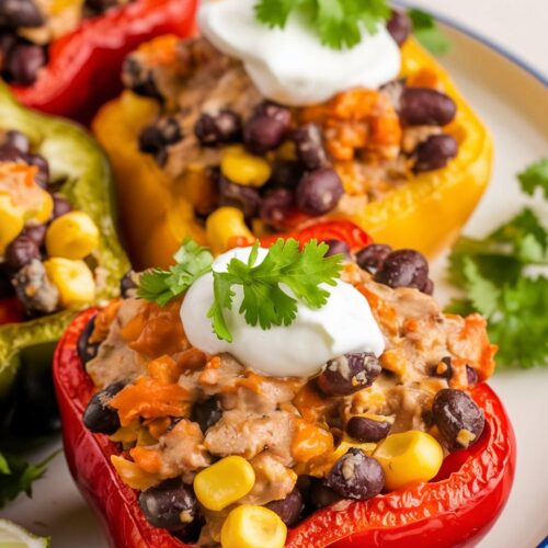 Top-down view of stuffed bell peppers with turkey and black beans, topped with melted cheese and garnished with cilantro