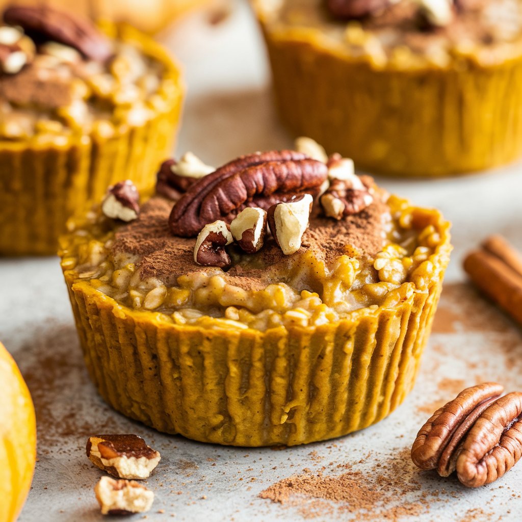 Close-up of a golden-brown pumpkin spice oatmeal cup, topped with cinnamon and crushed pecans, with a cozy autumn kitchen backdrop.