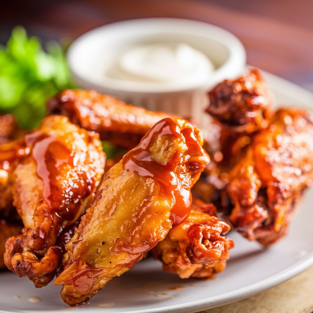 A close-up of a medium-sized plate of crispy, golden-brown chicken wings, drizzled with sweet sauce, with a small bowl of white sauce behind them on the same plate.