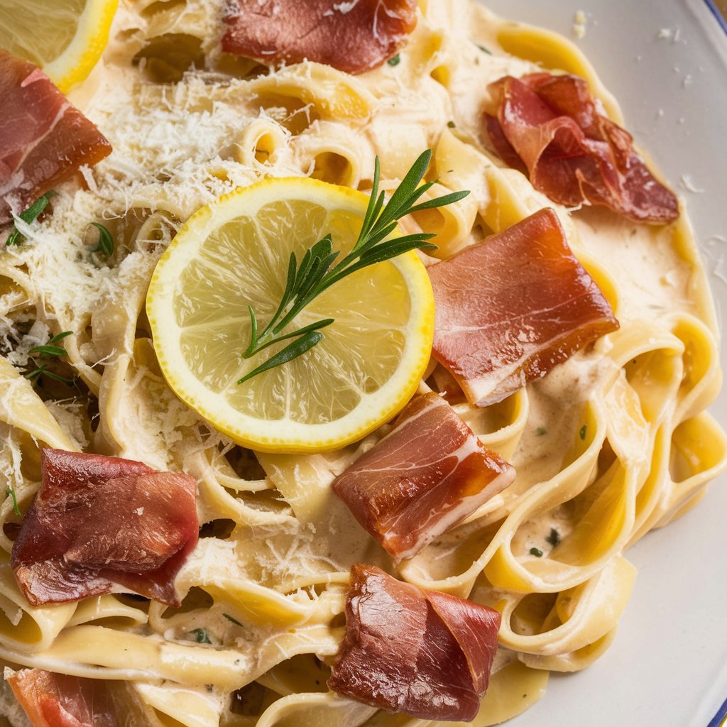 Delicious Lemon Ricotta Pasta with Crispy Prosciutto served in a cozy kitchen setting.