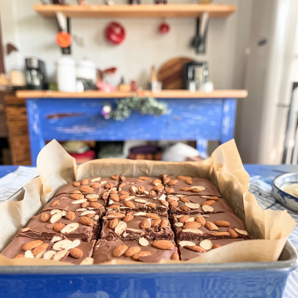 Close-up of protein bars in a baking dish, ready to be sliced, with a cute kitchen setting and blue table.