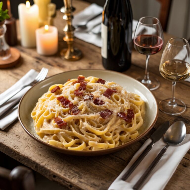 Plate of Pasta Carbonara with Wine on a Classic Table Setting