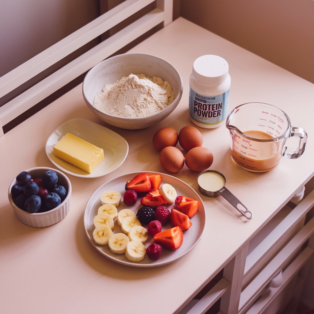 Everything you need to make fluffy, protein-packed pancakes — flour, eggs, fruit, and more, all ready for you to whip up some deliciousness!