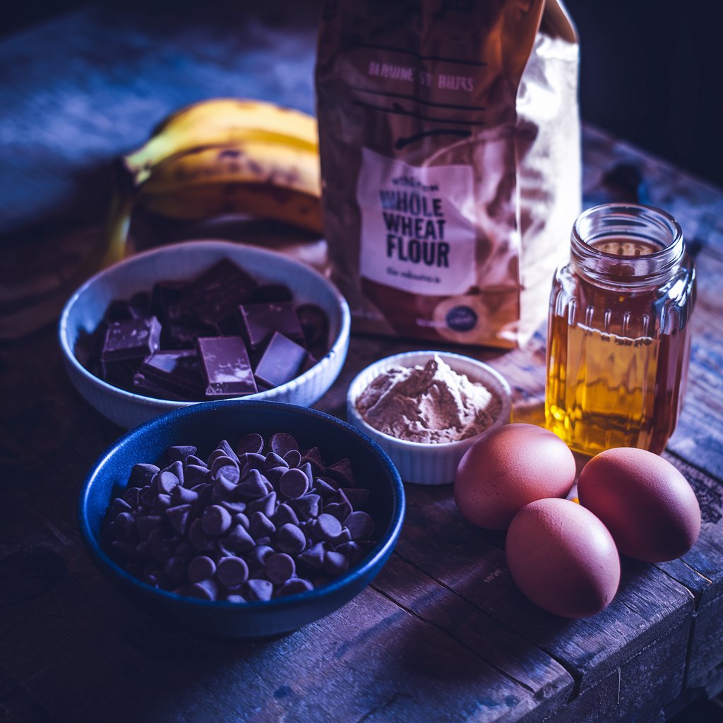 Dark and moody image of ingredients for healthy chocolate banana bread, including cocoa powder, dark chocolate chips, whole wheat flour, honey, and eggs, arranged on a rustic wooden table. The focus is on the rich chocolate components with warm, intimate lighting