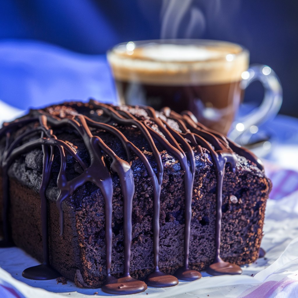 A decadent close-up shot of a freshly baked loaf of rich chocolate banana bread, with a glossy, melty drizzle of dark chocolate over the top. A steaming cup of coffee with frothy milk sits behind the loaf, set against soft, warm natural light.