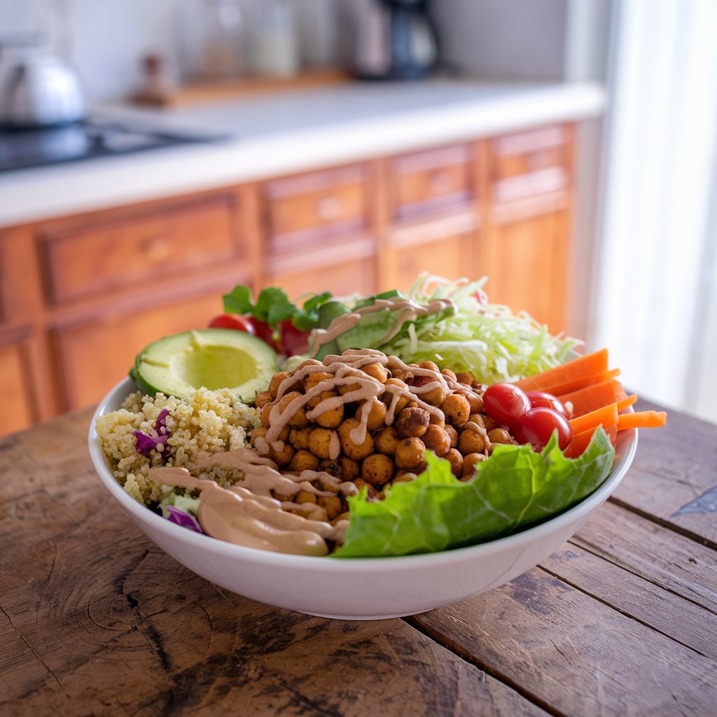 Topping Rainbow Buddha Bowl with Seeds and Fresh Cilantro