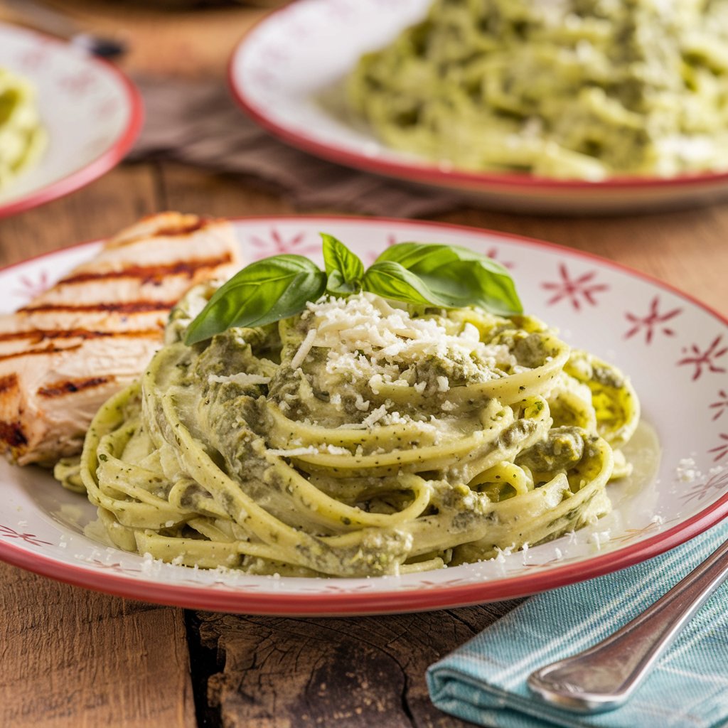 : A plate of perfectly tossed pesto cream pasta, garnished with fresh basil leaves and a sprinkle of Parmesan, served with a side of grilled chicken.