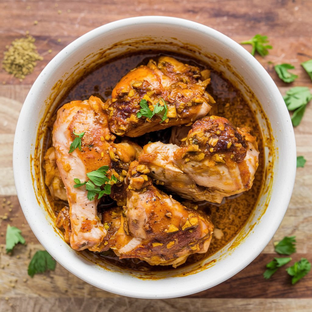 Marinated chicken pieces in a bowl ready for cooking