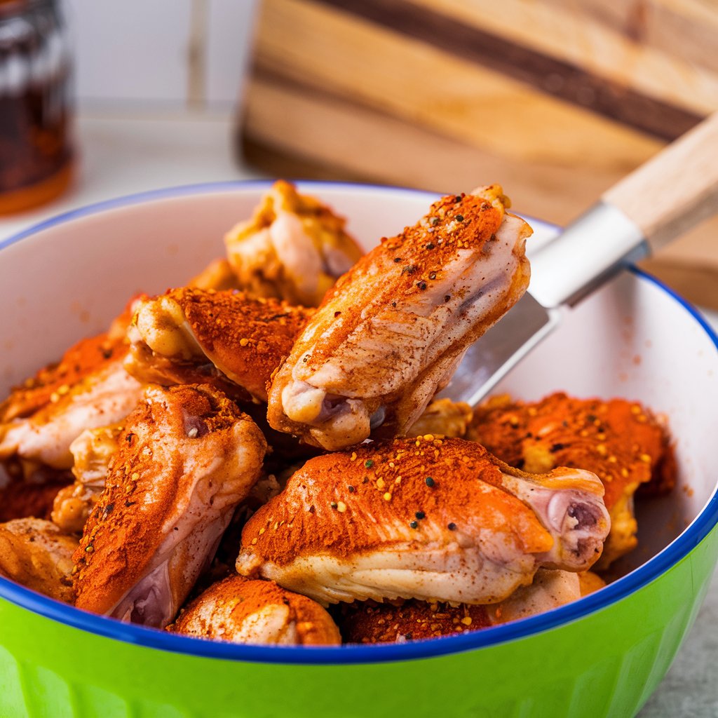 A bowl of seasoning mixture being tossed with chicken wings for a flavorful coating.