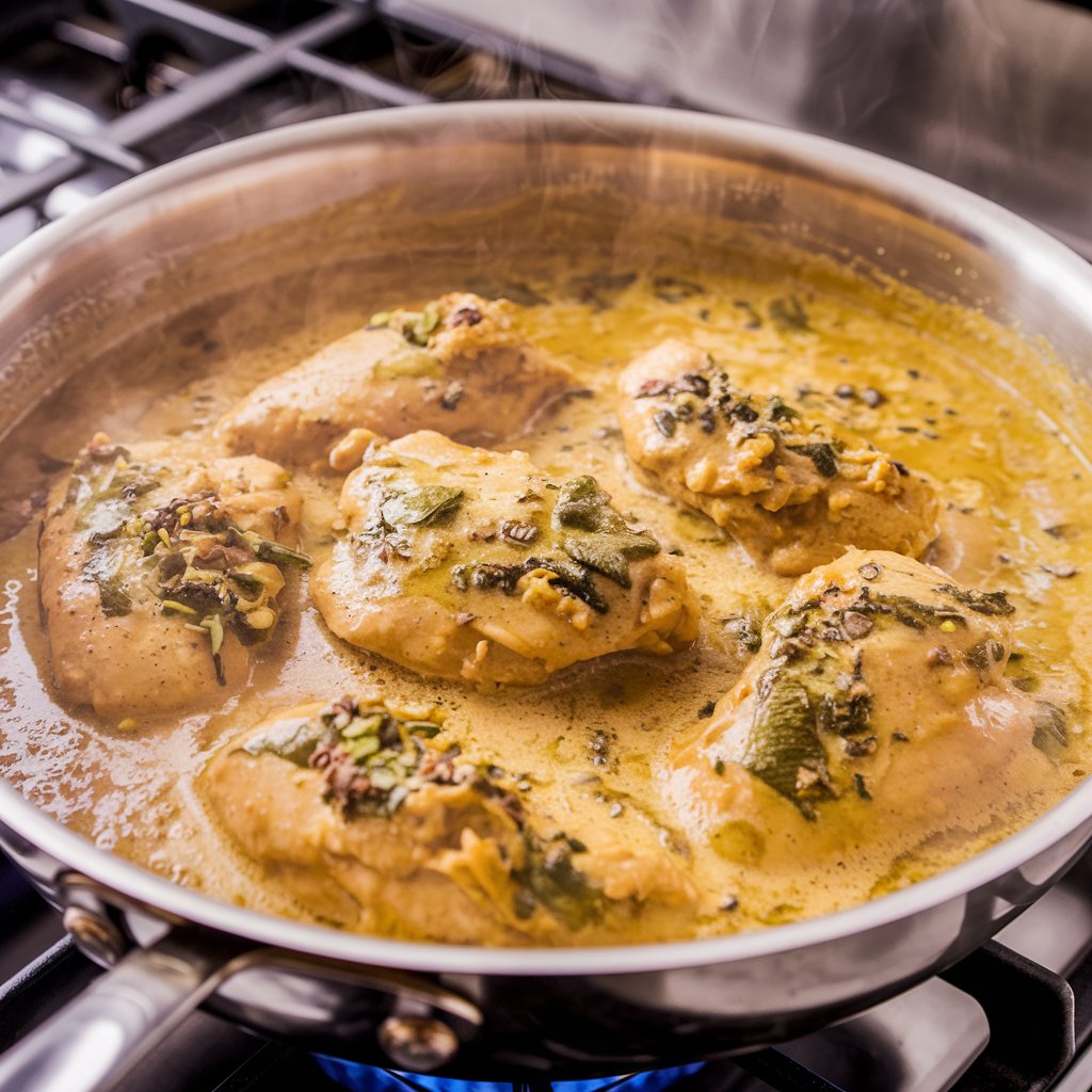 Simmering creamy butter chicken sauce in a pan