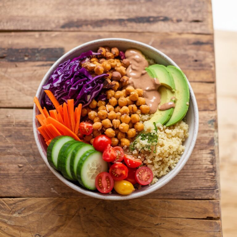 Colorful Rainbow Buddha Bowl with Fresh Vegetables, Quinoa, Avocado, and Tahini Dressing