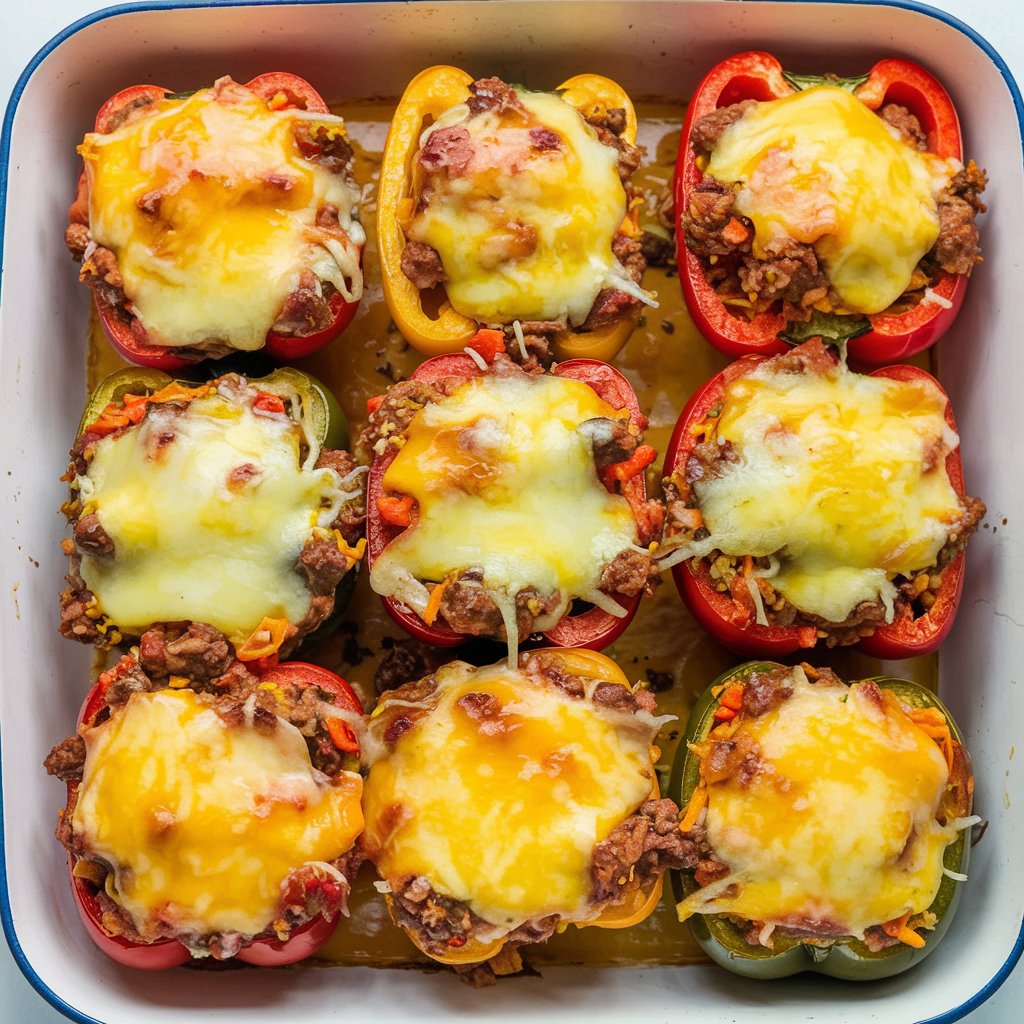 Close-up shot of a stuffed bell pepper being filled with turkey and black bean mixture.