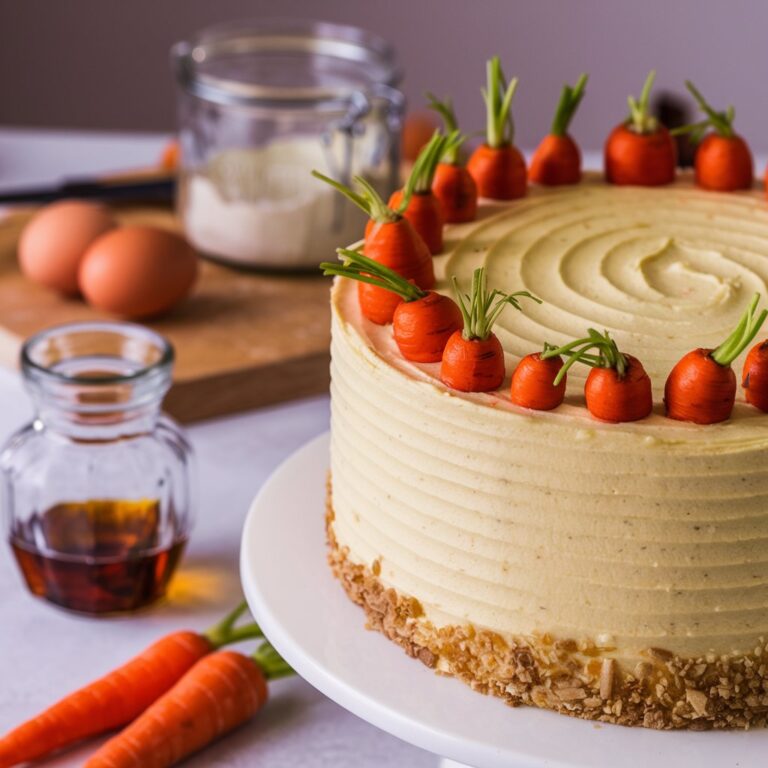 Close-up of a beautifully frosted healthy carrot cake with carrot tops, set on a white cake stand, with almond flour, eggs, and maple syrup in the background.