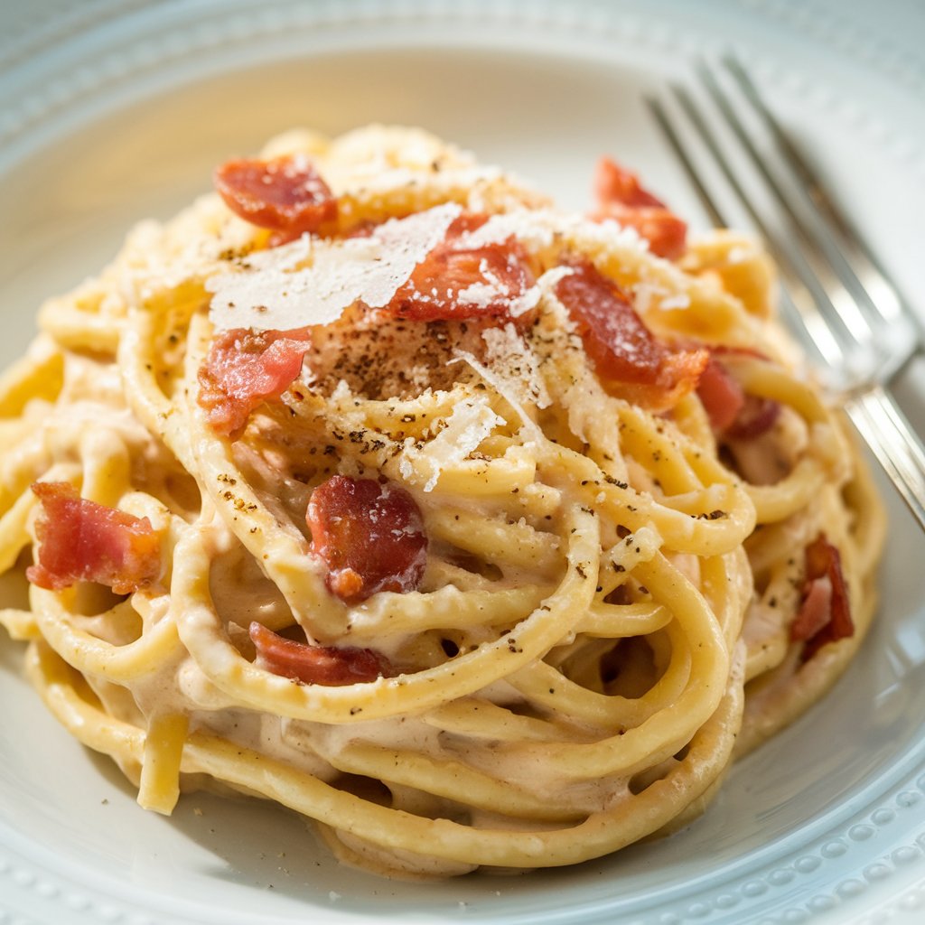 Close-up of a creamy pasta carbonara dish with bacon and grated cheese"