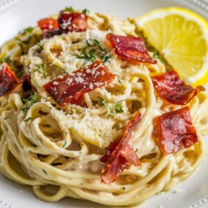 Close-up of Lemon Ricotta Pasta on a white plate, with creamy ricotta sauce, crispy prosciutto pieces, and a sprinkle of Parmesan cheese. Garnished with lemon slices and fresh herbs."