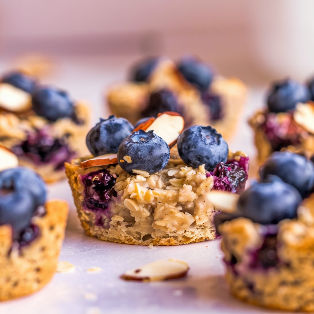 Close-up of blueberry almond oatmeal cups with fresh blueberries and sliced almonds on top, showcasing a golden-brown crust and moist texture.