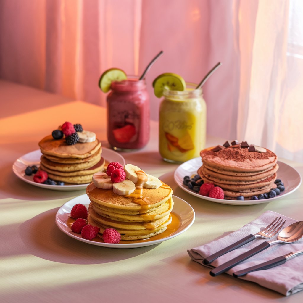 Check out these 3 drool-worthy protein pancakes with fresh fruit toppings and smoothies in every color. Perfect for a cozy, healthy breakfast