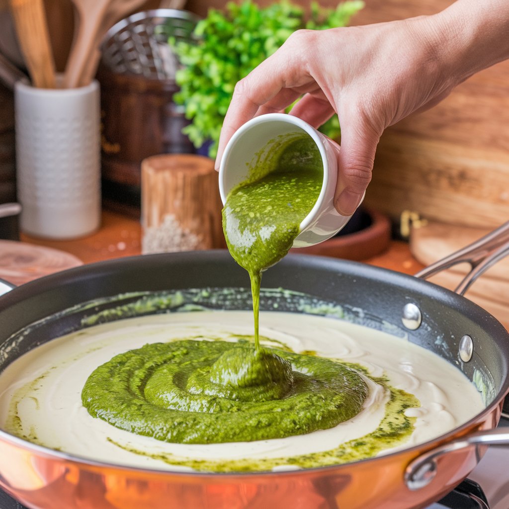 The freshly made pesto being poured into a skillet with creamy sauce, mixing together to form a vibrant green pasta sauce.