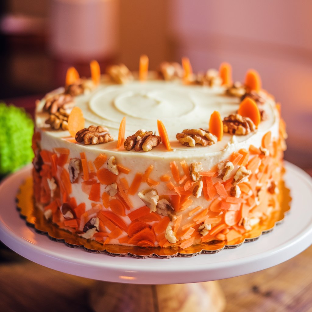 A delicious homemade carrot cake with cream cheese frosting, topped with chopped walnuts and slices of carrot, sitting on a white cake stand.