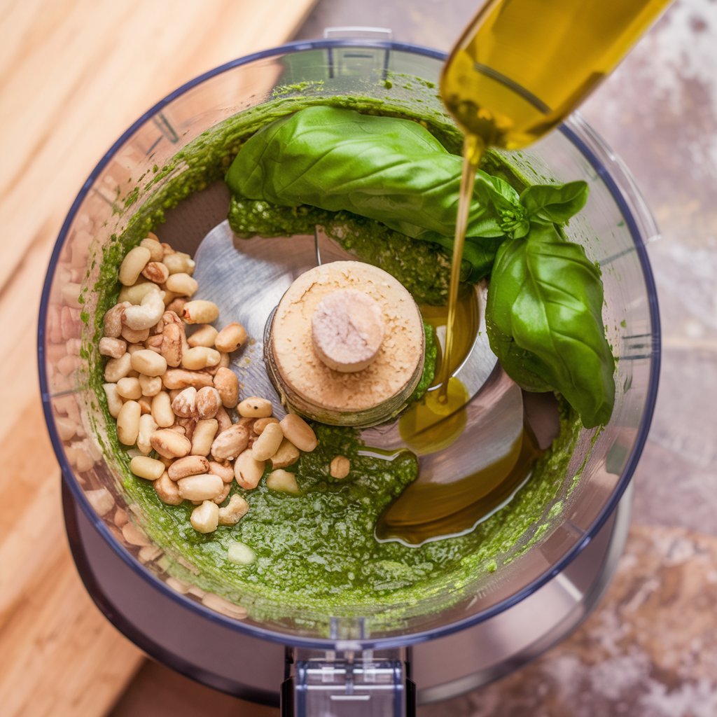 A food processor blending fresh basil leaves, garlic, toasted pine nuts, and Parmesan cheese into a vibrant, smooth green pesto sauce.