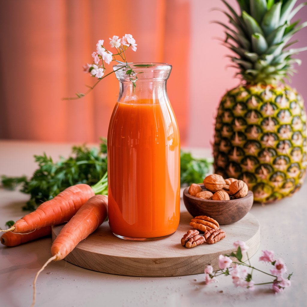 "Close-up of a glass bottle of carrot juice surrounded by whole carrots, a pineapple, walnuts in a small wooden bowl, and delicate flowers on a classy table."