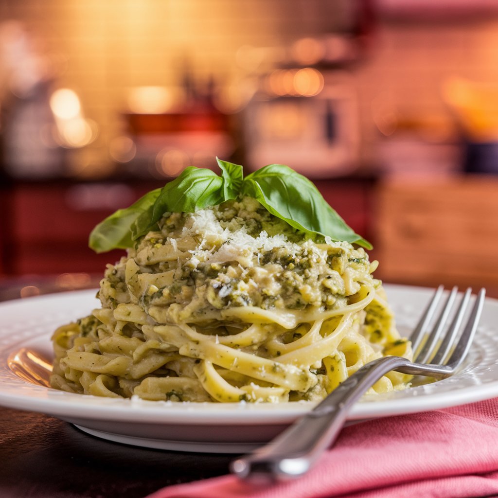 A plate of creamy pesto pasta with vibrant green sauce, topped with fresh basil and a sprinkle of Parmesan cheese. The pasta is elegantly arranged with a fork on the side.