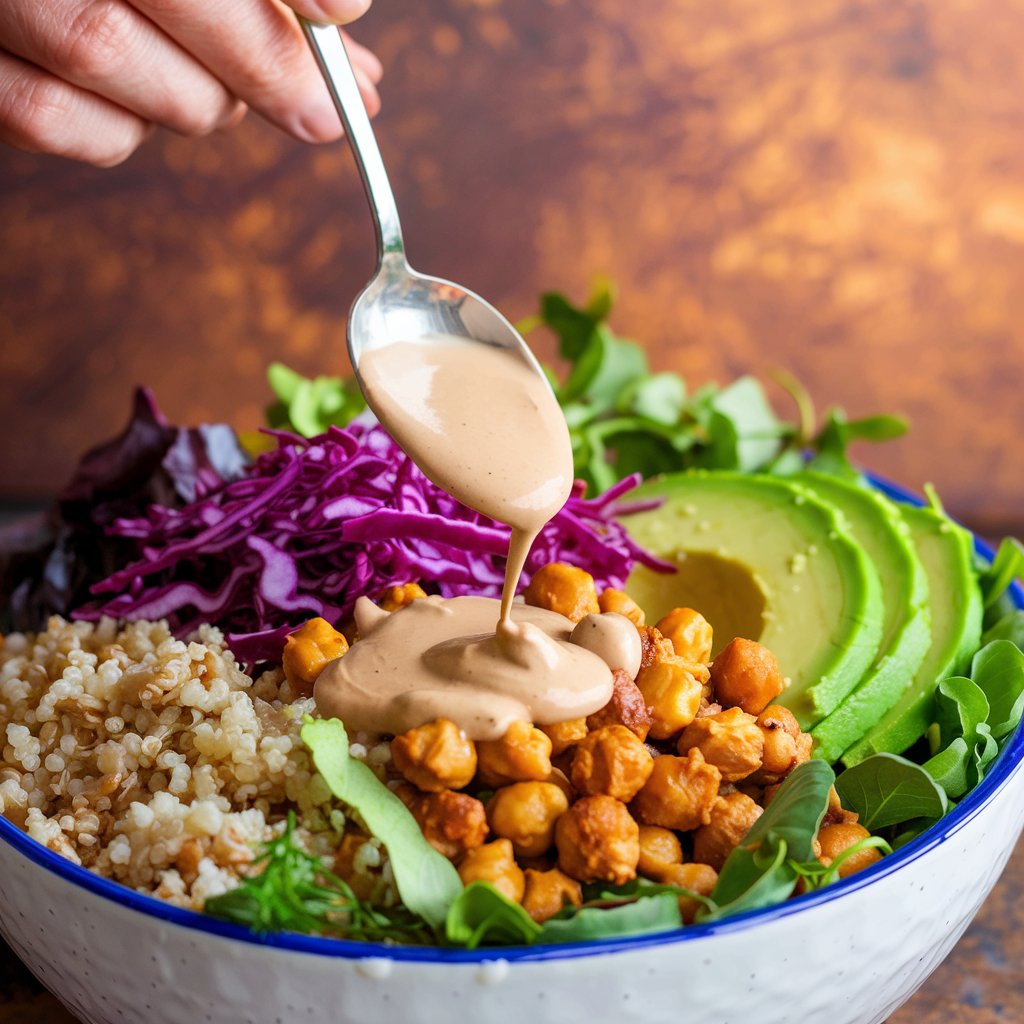 Drizzling Creamy Tahini Dressing Over Rainbow Buddha Bowl