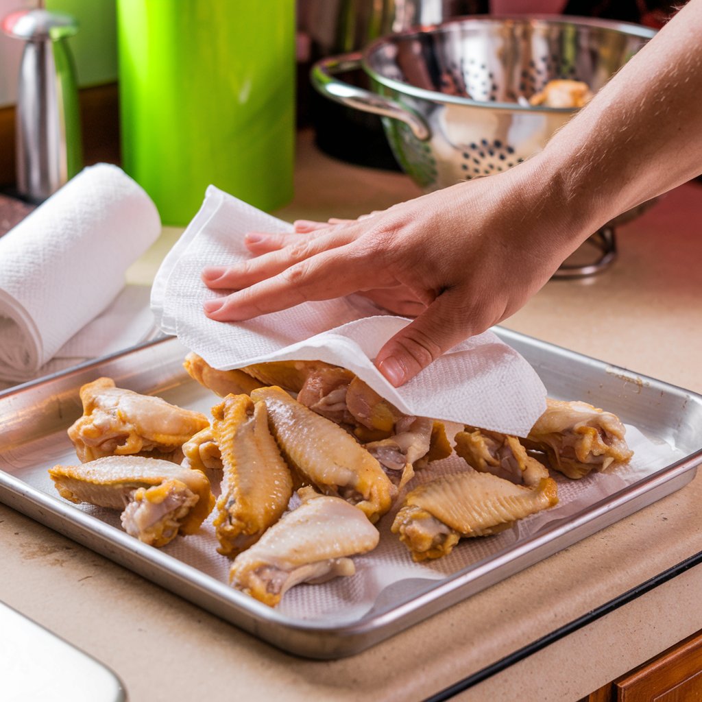 A person patting chicken wings dry with paper towels before seasoning, ensuring a crispy texture.