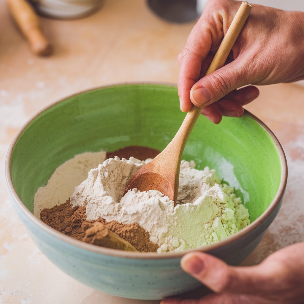 A person mixing dry ingredients for carrot cake in a medium bowl, with flour, cinnamon, and baking powder visible.