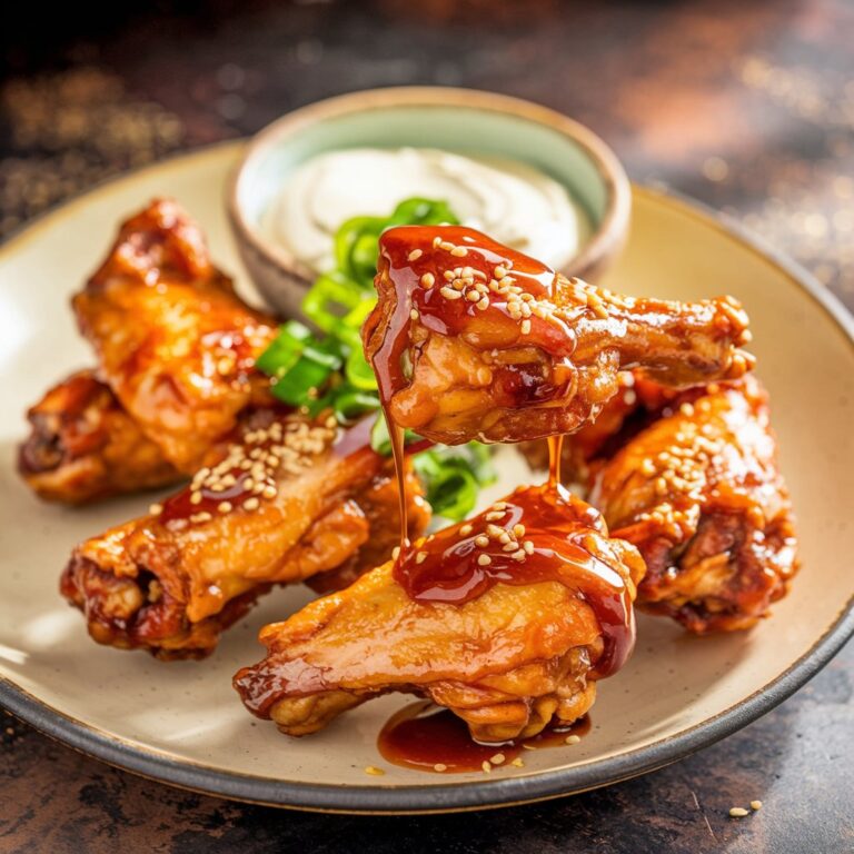 A close-up shot of a medium-sized, beautiful plate of crispy chicken wings, perfectly golden brown with a crispy texture, looking juicy and appetizing. Sweet sauce is drizzled on top, giving them a glossy, delicious finish. A sprinkle of sesame seeds and a hint of chopped green onions add a fresh touch. The wings are arranged elegantly on the plate, and a small bowl of white sauce sits behind them. The shot is from the top, with soft, warm lighting that creates a dark and cozy atmosphere, highlighting the golden color and beautiful texture of the wings, making them look irresistibly mouthwatering.