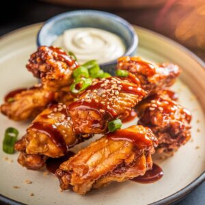 A close-up shot of a medium-sized, beautiful plate of crispy chicken wings, perfectly golden brown with a crispy texture, looking juicy and appetizing. Sweet sauce is drizzled on top, giving them a glossy, delicious finish. A sprinkle of sesame seeds and a hint of chopped green onions add a fresh touch. The wings are arranged elegantly on the plate, and a small bowl of white sauce sits behind them. The shot is from the top, with soft, warm lighting that creates a dark and cozy atmosphere, highlighting the golden color and beautiful texture of the wings, making them look irresistibly mouthwatering.