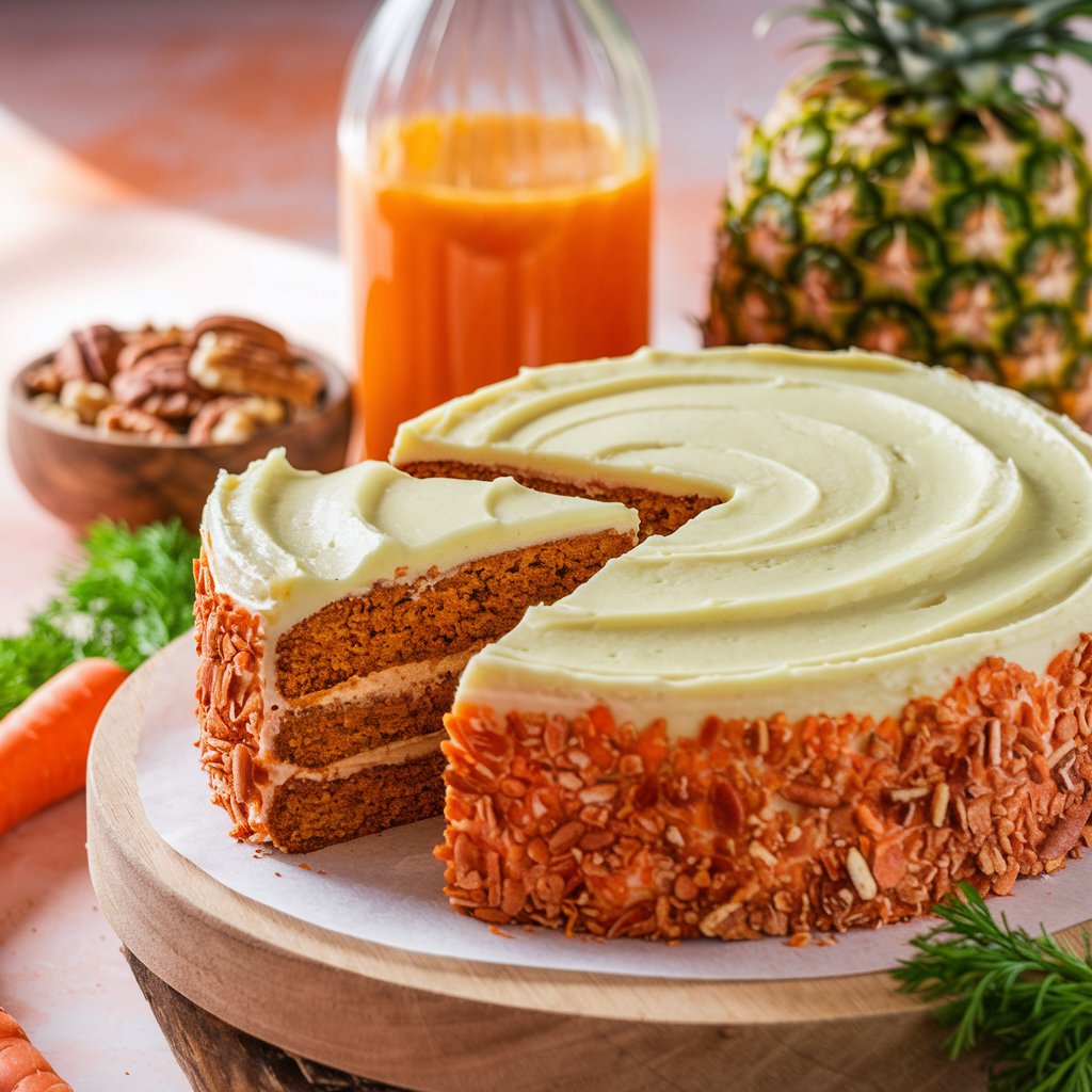 Close-up of a moist carrot cake slice topped with cream cheese frosting, with a glass bottle of carrot juice, pineapple, and a bowl of nuts in the background."