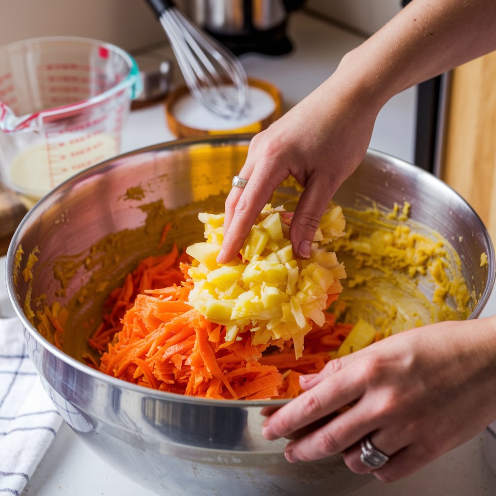 A person folding grated carrots and pineapple into the carrot cake batter in a large mixing bowl.