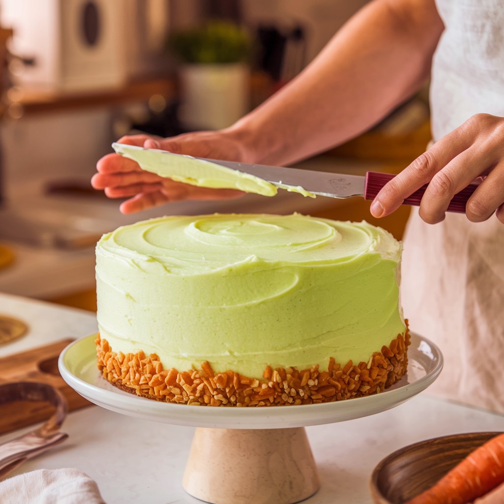 Spreading a generous amount of cream cheese frosting on a freshly baked carrot cake layer