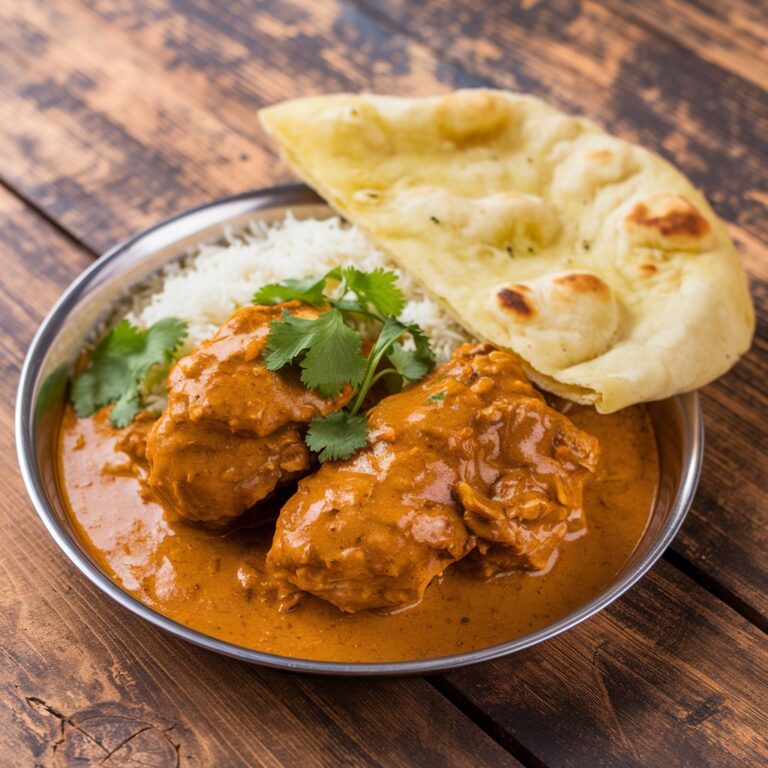 Delicious homemade Indian Butter Chicken (Murgh Makhani) served with naan and rice