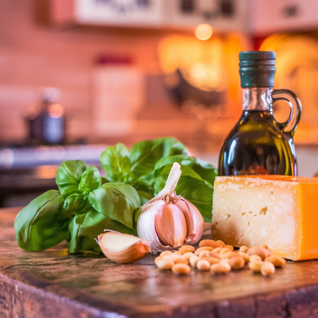 Fresh basil, garlic cloves, toasted pine nuts, Parmesan cheese, and olive oil ready to be blended into a smooth, vibrant pesto sauce.