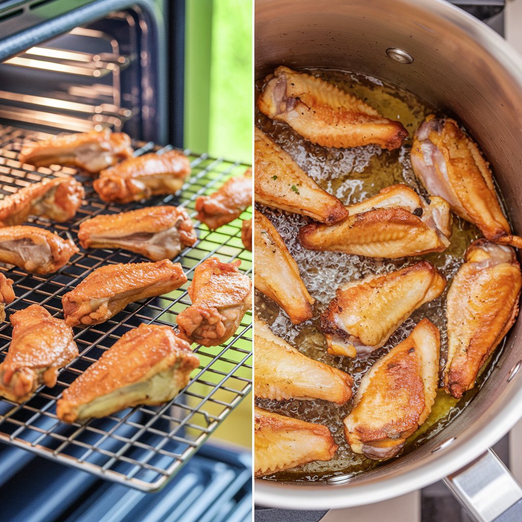 A tray of crispy chicken wings on a wire rack in the oven, or wings frying in hot oil in a pot.