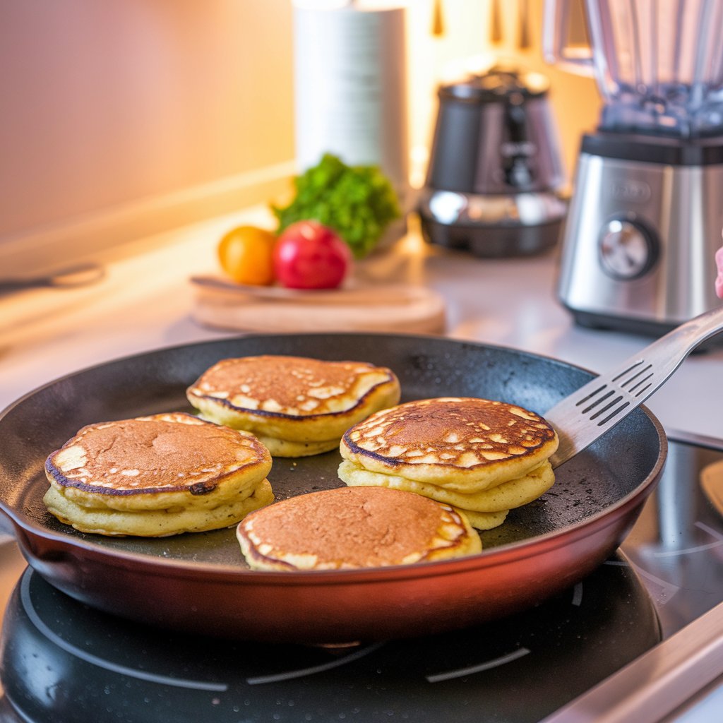 Flipping the protein pancakes on a non-stick skillet for a perfect golden brown finish