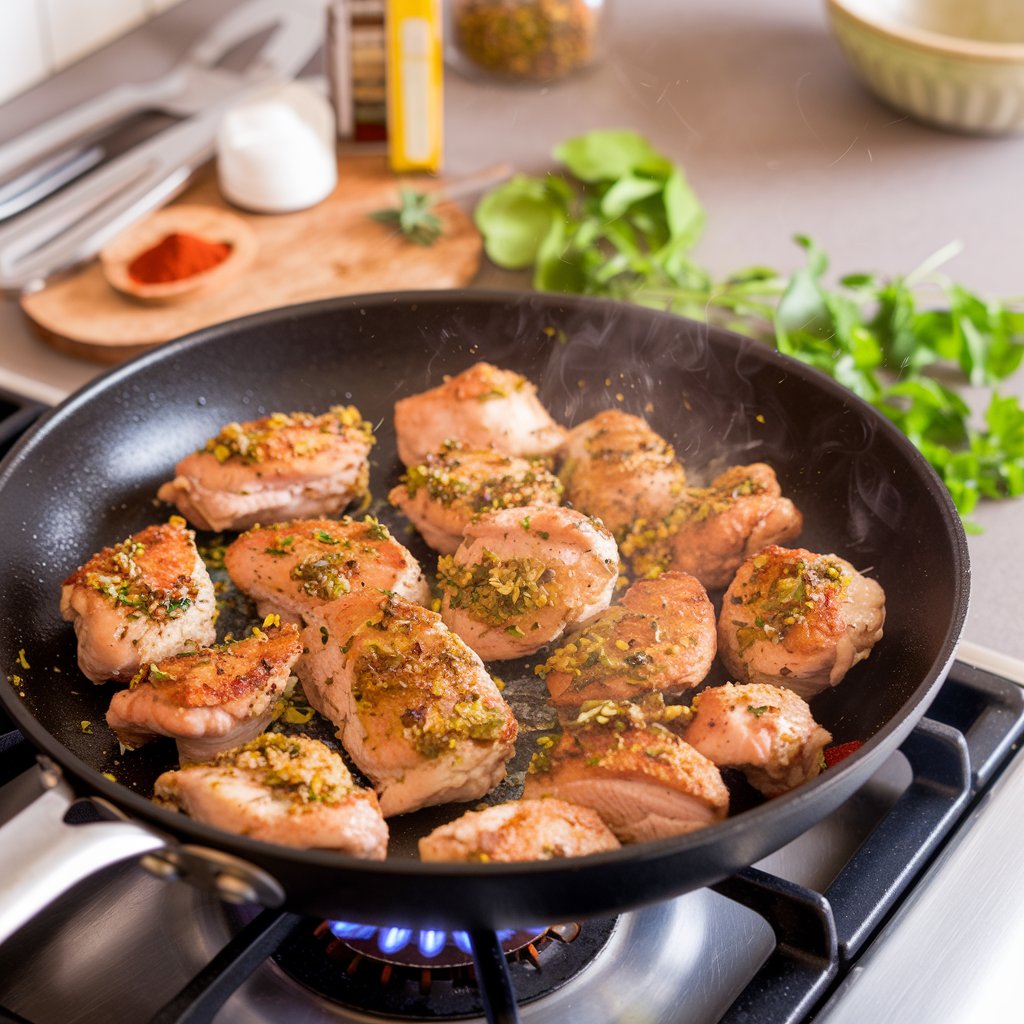 Searing marinated chicken in a pan