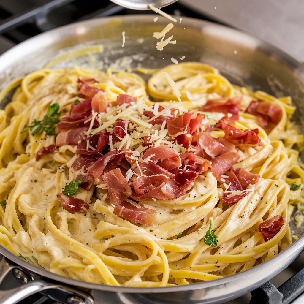 Pasta tossed in creamy ricotta sauce with crispy prosciutto and Parmesan.