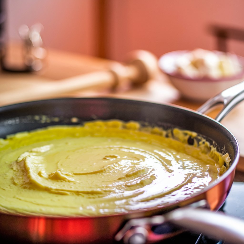 A skillet with melting butter and heavy cream, slowly simmering into a creamy sauce, ready to be mixed with the fresh pesto.