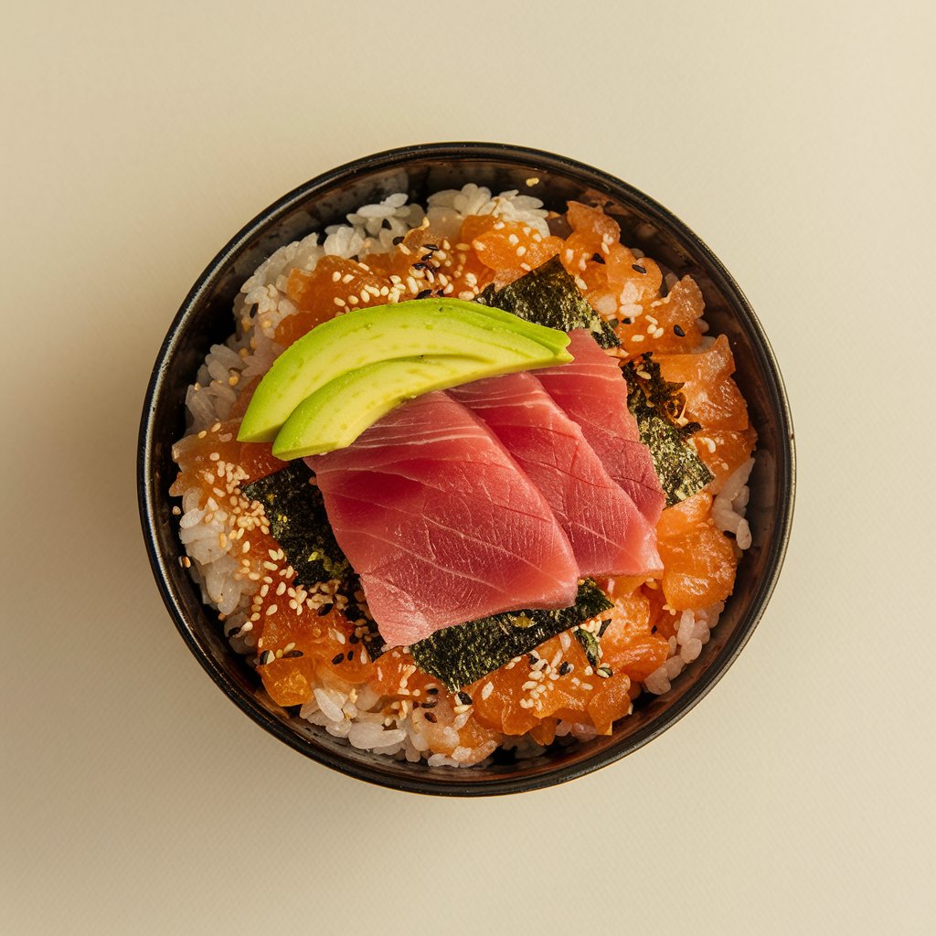 Spicy salmon sushi rice bowl with cucumber and sesame seeds