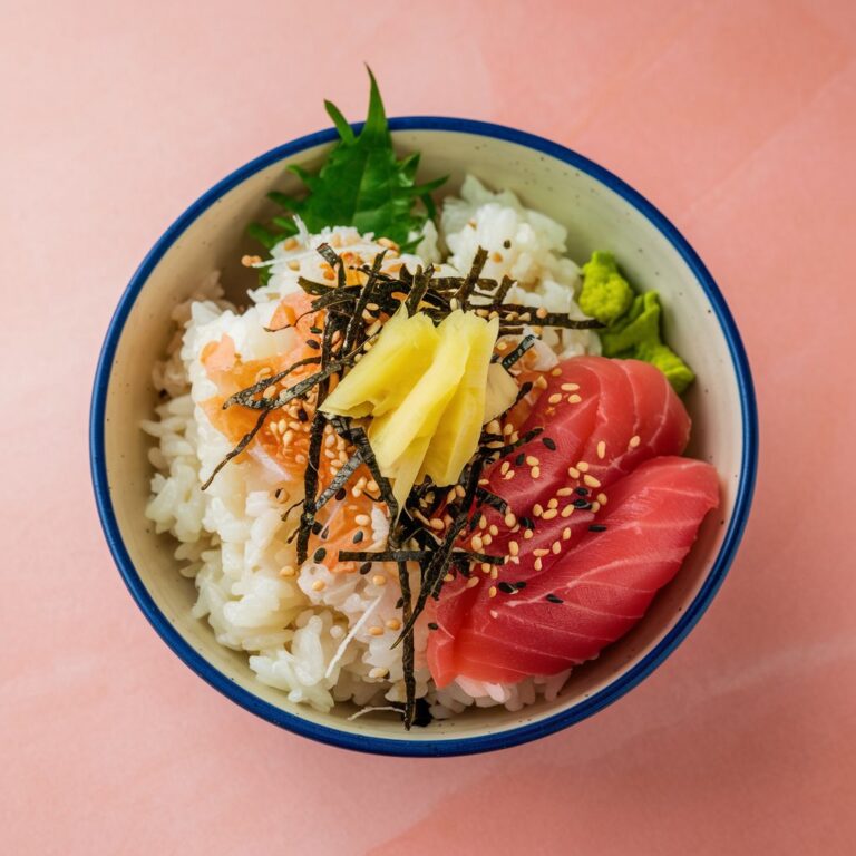 Completed sushi rice bowl with toppings like sesame seeds and nori