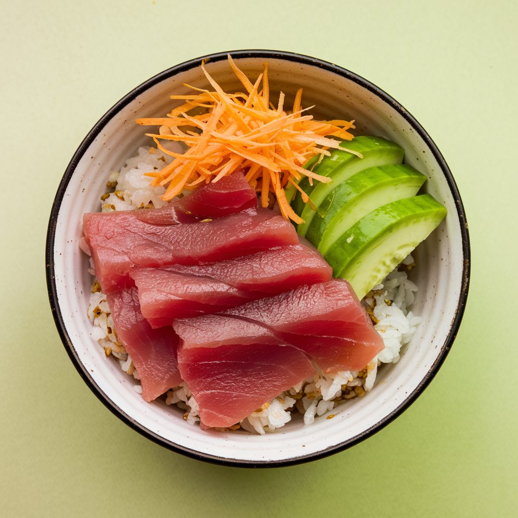 Fresh Tuna & Avocado Sushi Rice Bowl with Sesame Seeds and Nori Flakes