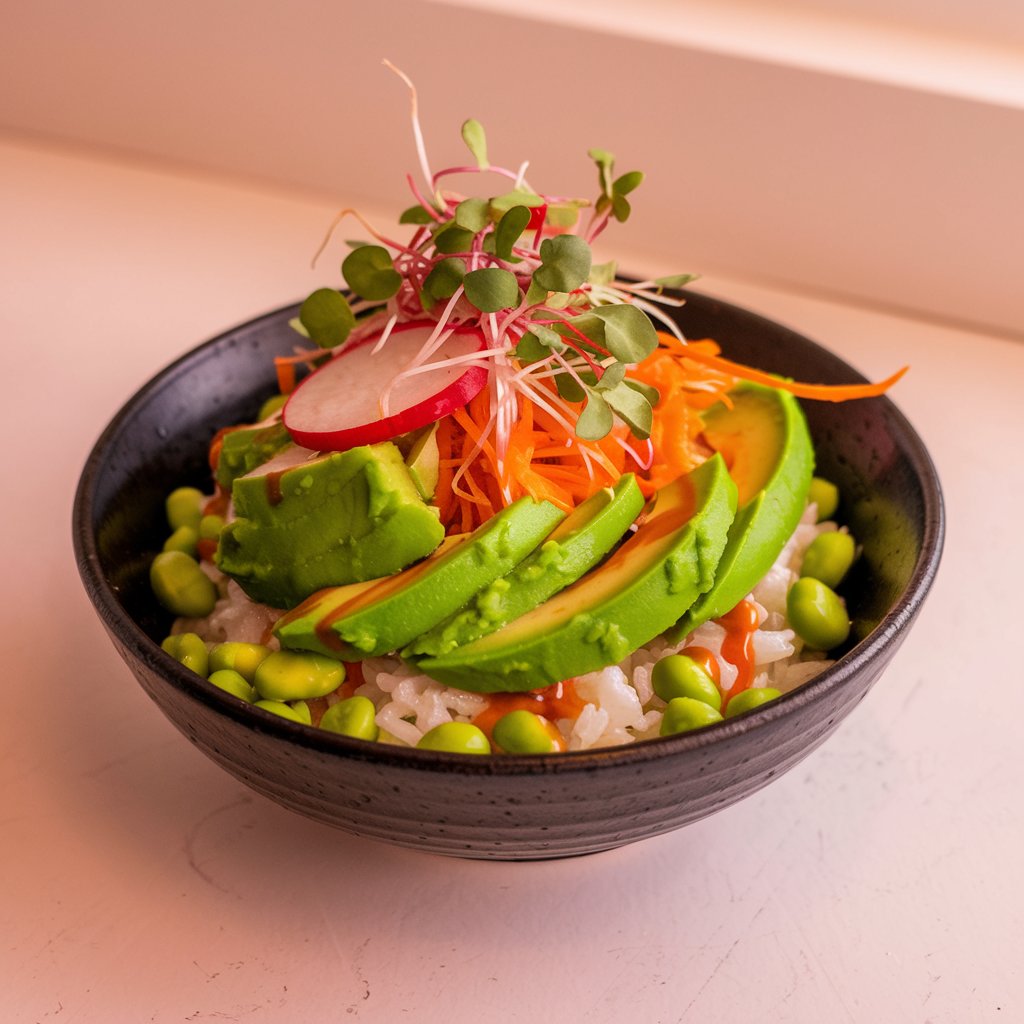 Vegan sushi rice bowl with edamame, avocado, and radishes