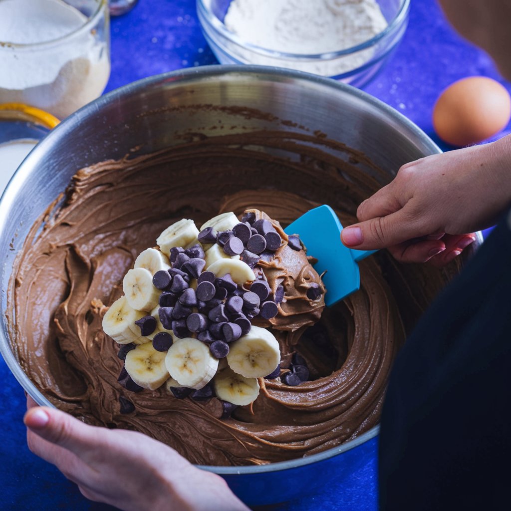 Folding mashed bananas and chocolate chips into the banana chocolate bread batter.